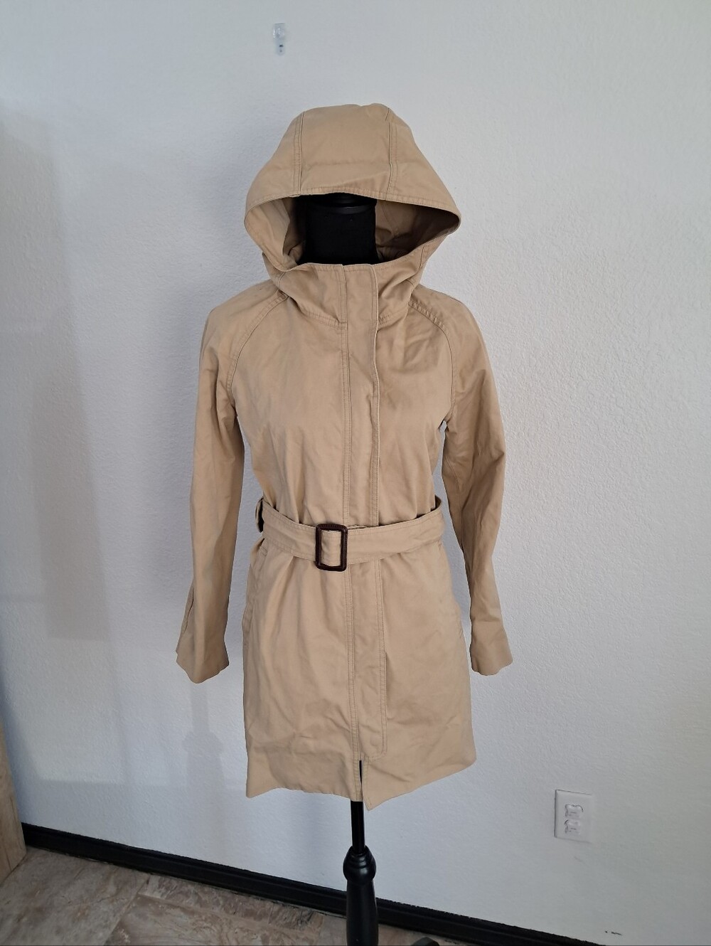 J.Crew Trench Coat Sz 4 Kahki Tan Belted Hooded Snap Zip Preppy Old Money